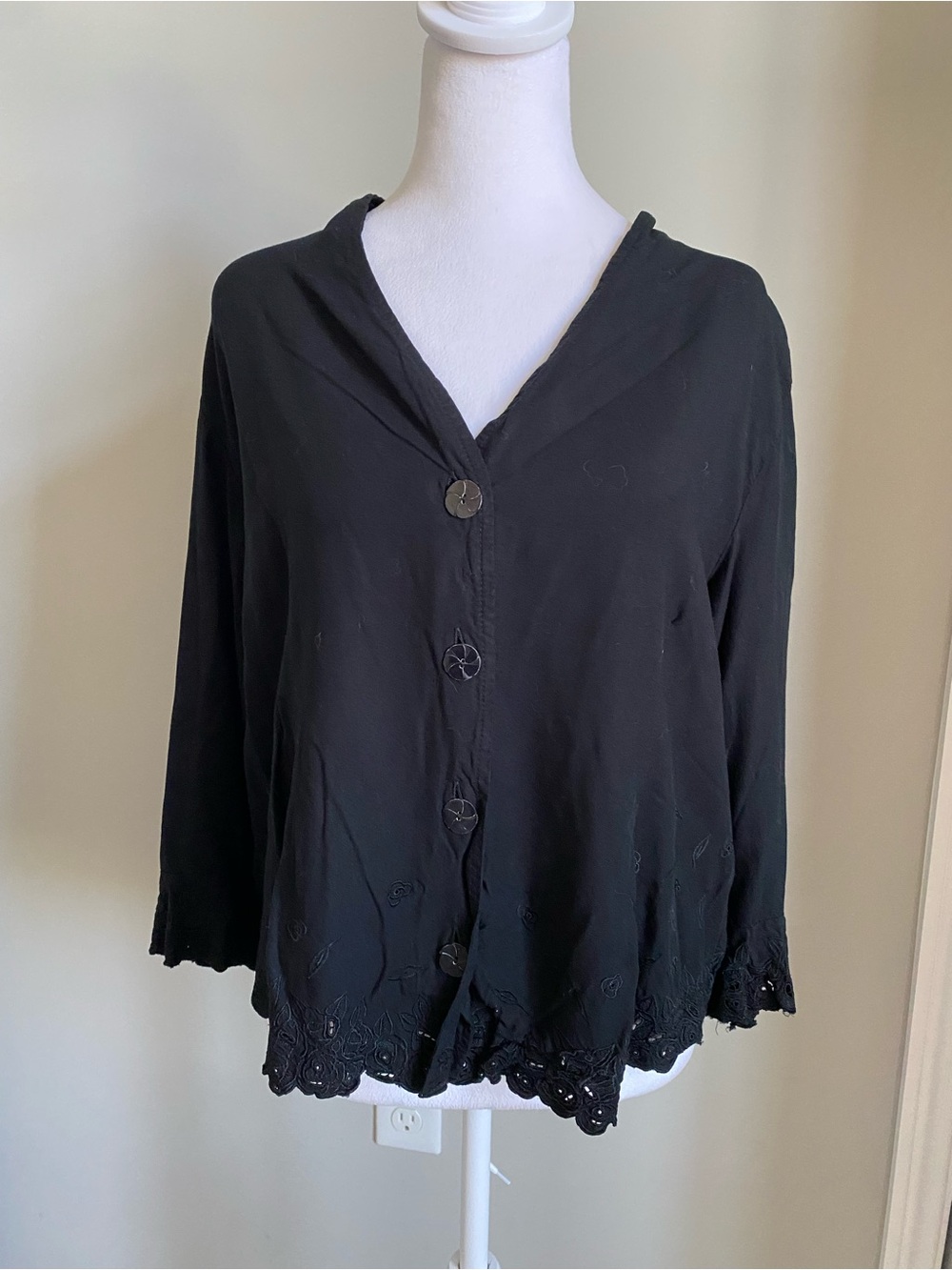 Nomadic Traders Black Button-Front Embroidered Hem Top Blouse